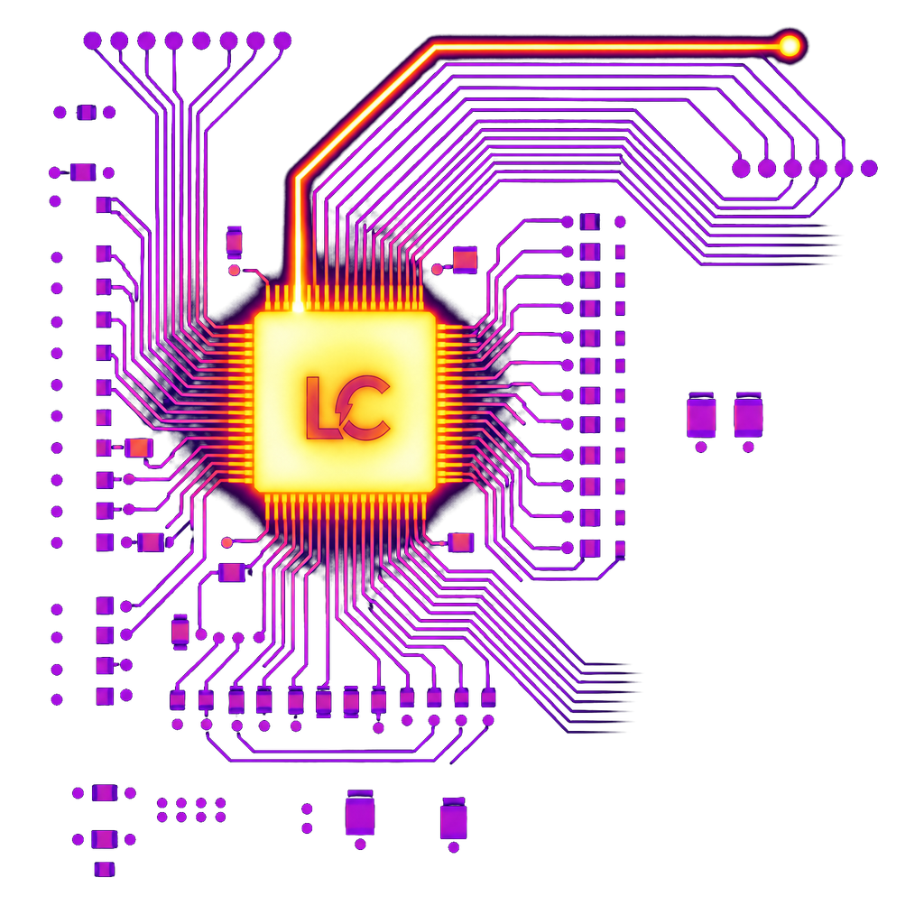 Termogram płytki PCB z góry: chip z wgłębionym znakiem LC rozgrzany do żółto-białego, jedna ścieżka rozżarzona do białości, reszta płytki zimna